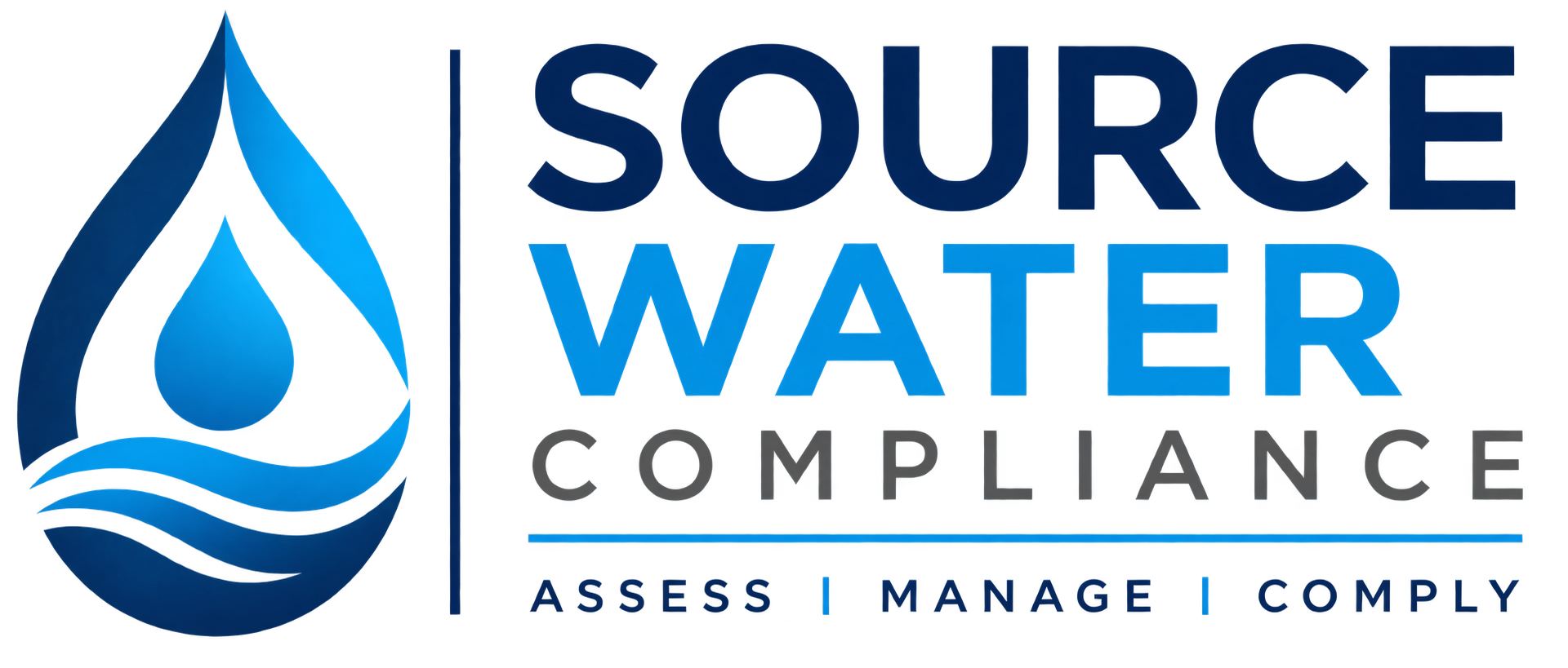 Source Water Compliance logo featuring a blue water droplet and wave symbol alongside the company name, with the tagline “Assess | Manage | Comply.